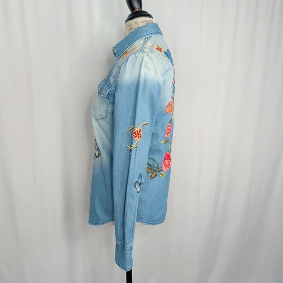Driftwood Chambray Button Down X Small Embroidered Top Fitted Floral - Picture 7 of 10